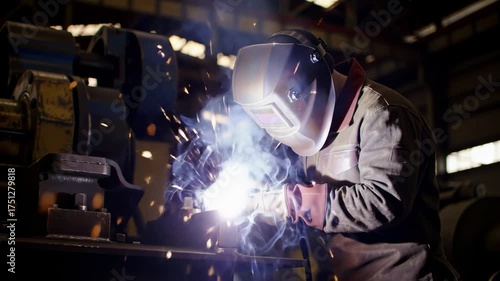 Worker welds metal with sparks in a factory, concept for industrial work