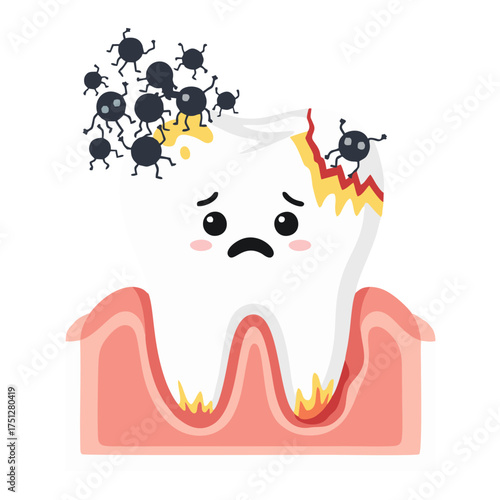 Sad cartoon tooth character with dental decay, cavities, and a swarm of black bacteria.