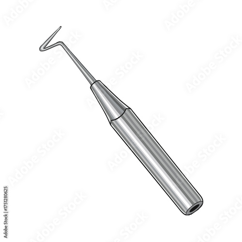 A detailed black and white illustration of a stainless steel dental explorer with a sharp, angled tip and a cylindrical handle.