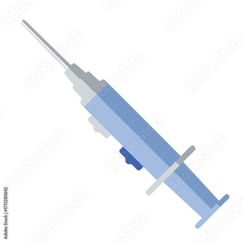 Blue and grey stylized medical syringe with a sharp needle, angled diagonally.