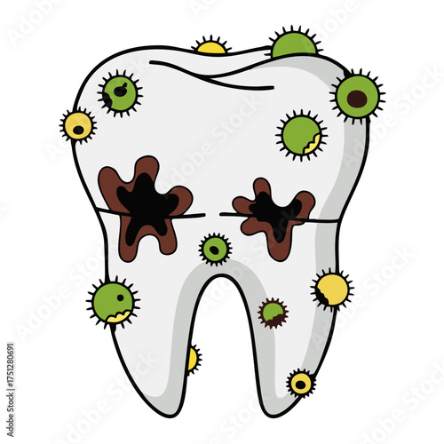 Cartoon Illustration of a Diseased Tooth with Cavities and Bacteria.
