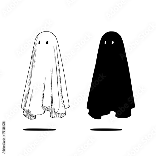 Two simple ghost illustrations one in white with line art and one in black with simple oval eyes present