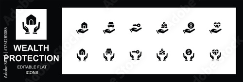 Wealth & Asset Protection flat Icon Set – Insurance, Finance, Property and Security, Editable flat. Vector illustration.