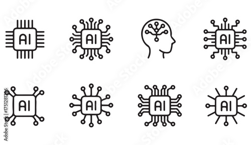 Modern AI circuit and brain icons set for artificial intelligence, computing, and automation vector illustration
