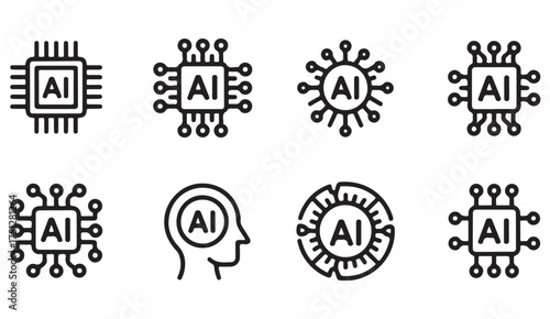 Machine learning and neural network icons – AI chip line drawings for tech, software, and development themes