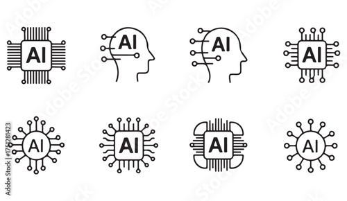 Set of AI processor vector icons representing smart computing, data science, and futuristic technology concepts