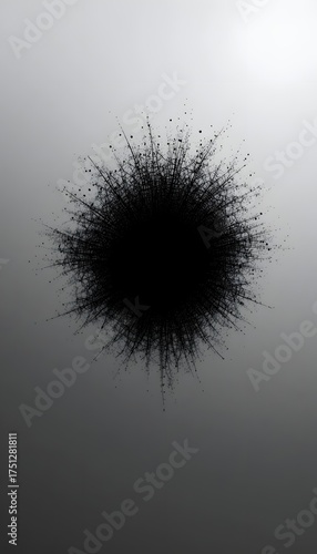 a digital black hole formed by thousands of fine lines and dots. The backdrop is a smooth, clean gradient from white to gray. Ideal for a moody background, poster art, or a design element symbolizing 