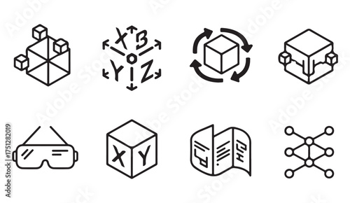 Isometric cube and VR symbols – clean line vector illustrations for software, modeling, and user interface design