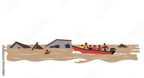 Flood Disaster Rescue Illustration: People in Boat Rescuing Flood Victims
