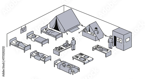 Isometric Illustration of Emergency Field Hospital with Patients and Medical Staff