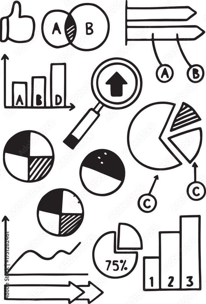 Obraz premium Hand-drawn set of icons for business and health, including medical symbol and sport equipment silhouette vector illustrations.