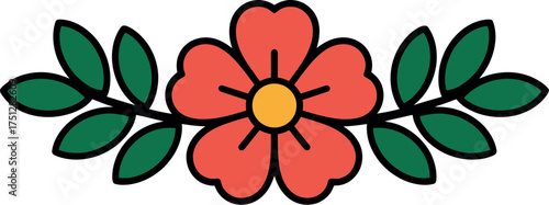 Vector art of a beautiful red flower with green leaves, vector art