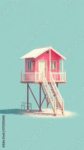 Pink Beach House on Stilts with Wooden Staircase.