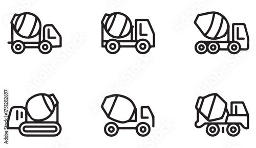 Heavy duty construction truck icons – industrial mixer vehicles for civil engineering and architecture illustrations