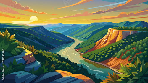 
Very beautiful panoramic view of New River Gorge National Park in West Virginia with winding river and forested cliffs under golden sunlight.