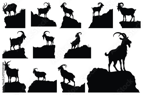 Multiple black silhouettes of ibex goats on rocky ledges