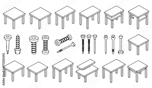 Minimalist technical drawing of construction fasteners and machine components for blueprint or CAD projects