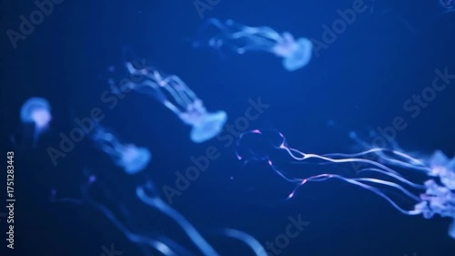 Group of glowing jellyfish with a graceful and mesmerizing mood swimming slowly in deep dark ocean water