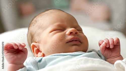Newborn infant with a calm and peaceful mood sleeping soundly in a soft bright setting