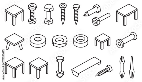 Industrial screw and bolt icons for mechanical design, repair shop graphics, and manufacturing infographics