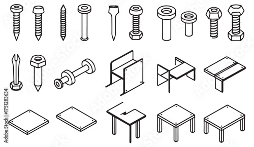 Technical line art of screws, nails, bolts, and mechanical parts used in carpentry and construction industries