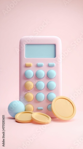 Pink calculator with coins and a blue sphere on a pink background.