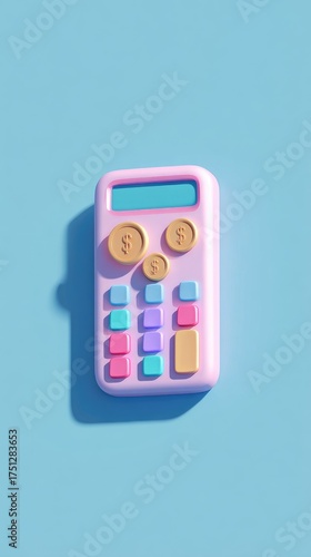 Pink Calculator with Coins on Blue Background.