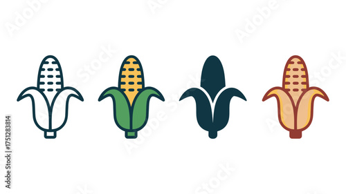 Vector art of four colorful corn cobs in a row, vector illustration