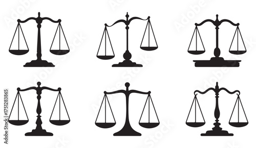 Law and justice vector icons showing scales of equality, authority, and moral balance for legal projects and education