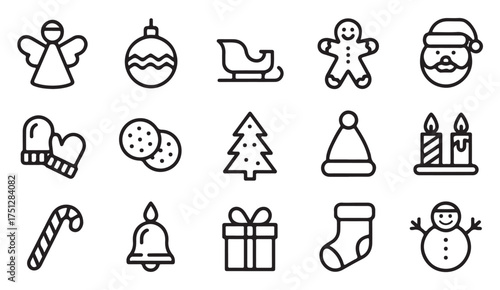 Holiday doodle icon set including Christmas tree, present, mitten, snowflake, and angel outlines in minimalist style