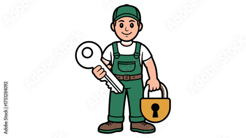 Vector art of cartoon locksmith with key and padlock