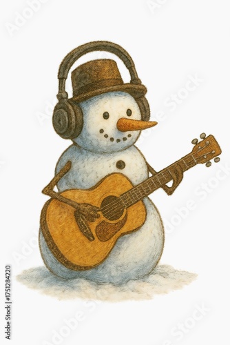 Snowman with headphones playing guitar on a white background 
