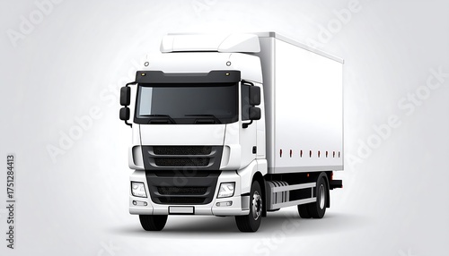 A digitally rendered white delivery truck, facing forward. The truck has a cargo box and a cab with dark windows, against a gradient white background