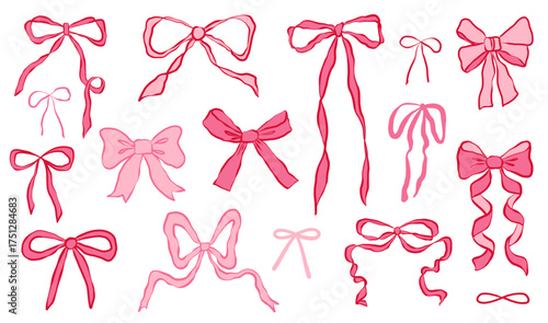 Pink hand drawn coquette ribbon bows set. Retro cartoon festive girlish bows collection. Hand drawn bowknot collection illustration isolated on white background. Trendy coquette aesthetic.