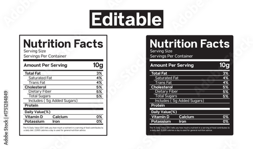 Two nutrition facts labels, one in black and white and the other in dark mode, with an editable text box above.