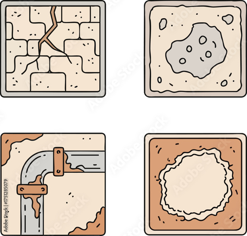 Damage and deterioration of building materials showing cracks and corrosion.