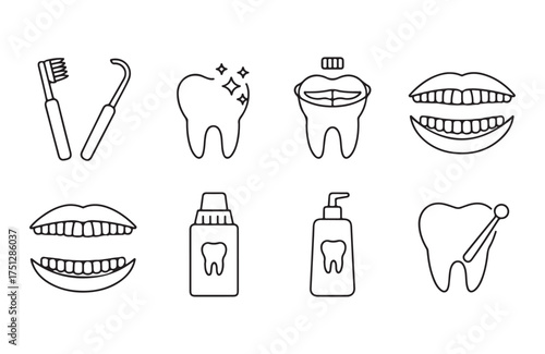 Dental care kit outline illustrations for oral hygiene and health