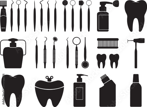 Dental Tools and Hygiene Products Black Silhouettes Vector Illustration Set