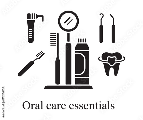 Oral care essentials displayed in a modern minimal flat design