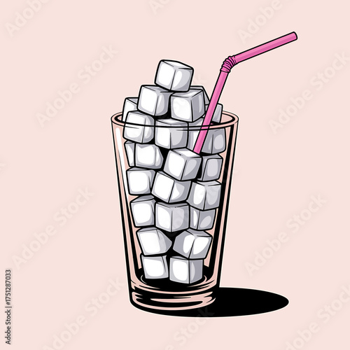 Vector art of glass full of sugar cubes with a pink straw illustration design