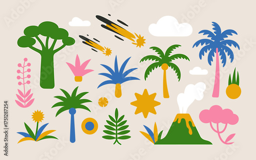 Illustration of prehistoric plants, trees, and volcano on a beige background