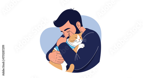 A man is gently holding and hugging his beloved pet dog.