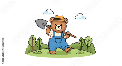 A cute bear wearing overalls and a hat carries a shovel.