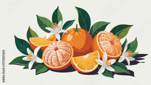 Vector art of fresh oranges with leaves and flowers illustration