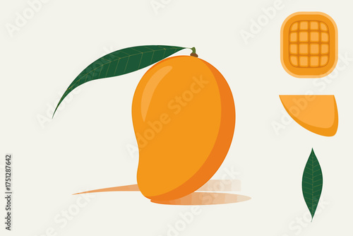 Vector art of mango fruit with leaf and slice vector illustration