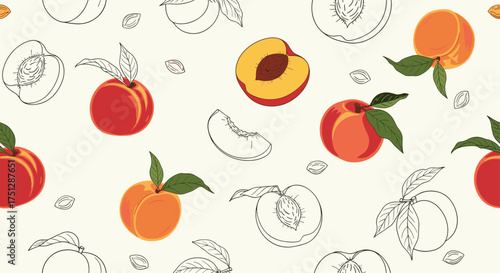 A charming pattern of ripe peaches with leaves and sketches.