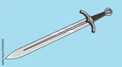 An illustration of a medieval-style sword with a long silver blade and a brown grip.