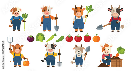 Cute farm cows dressed as farmers harvesting fresh vegetables.