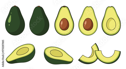 Collection of fresh green avocados in various stages of preparation.