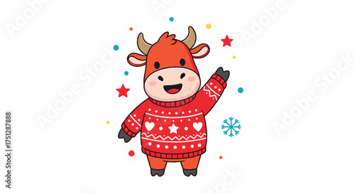 A cute cartoon ox wearing a red sweater waves hello.
